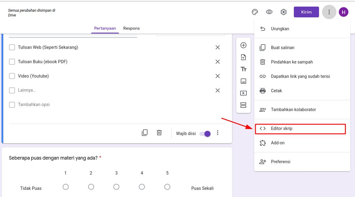 Menu Pilihan Script Editor Menu Pilihan Script Editor